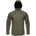 Olive green hooded jacket with a full front zipper, zippered chest and hand pockets, and a white logo on the right side.