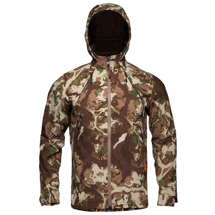 A hooded jacket in a brown, tan, and green camouflage pattern, with a full front zipper, multiple zippered pockets, and an orange logo on the right chest.