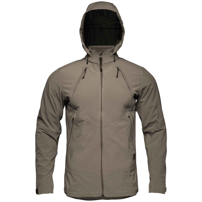 Earthy taupe hooded softshell jacket with a full front zipper and four zippered pockets.