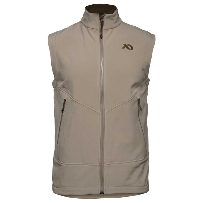 Tan full-zip vest with a stand-up collar, a dark logo on the left chest, and two zippered hand pockets.