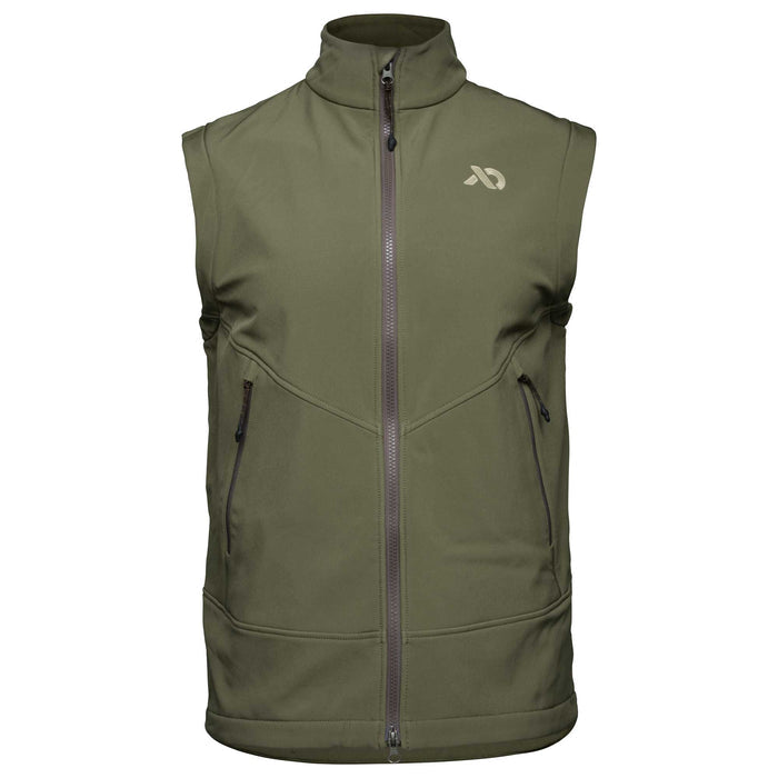 Olive green full-zip vest with a stand collar, two dark zippered hand pockets, and a light logo on the left chest.