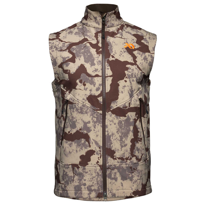 Tan, brown, and grey camouflage vest with a full-zip front, stand-up collar, two zippered hand pockets, and an orange chest logo.