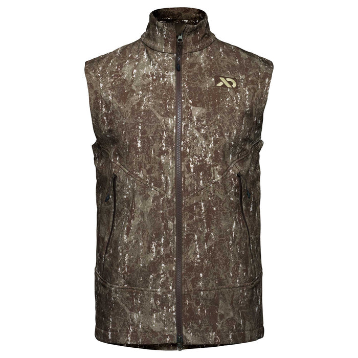 Brown and green camouflage full-zip vest with a stand-up collar, two zippered pockets, and a gold logo on the left chest.