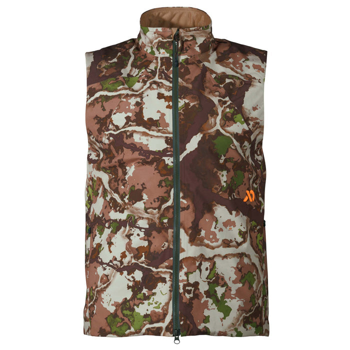 Brown, green, and cream camouflage vest with a full-zip front, stand collar, and an orange chest logo.