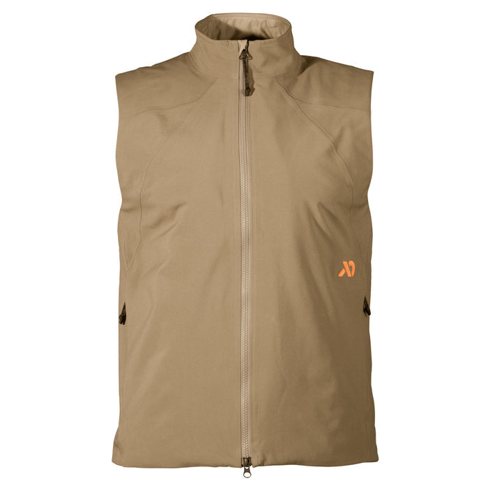 Tan full-zip vest with a stand-up collar, two zippered pockets, and an orange logo on the left chest.