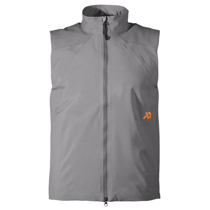 Grey sleeveless vest with a full-length zipper, high collar, and an orange logo on the left chest.