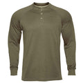 Olive green long-sleeve Henley shirt with a ribbed texture, 3 buttons at the placket, and a "FIRST LITE" logo on the chest.