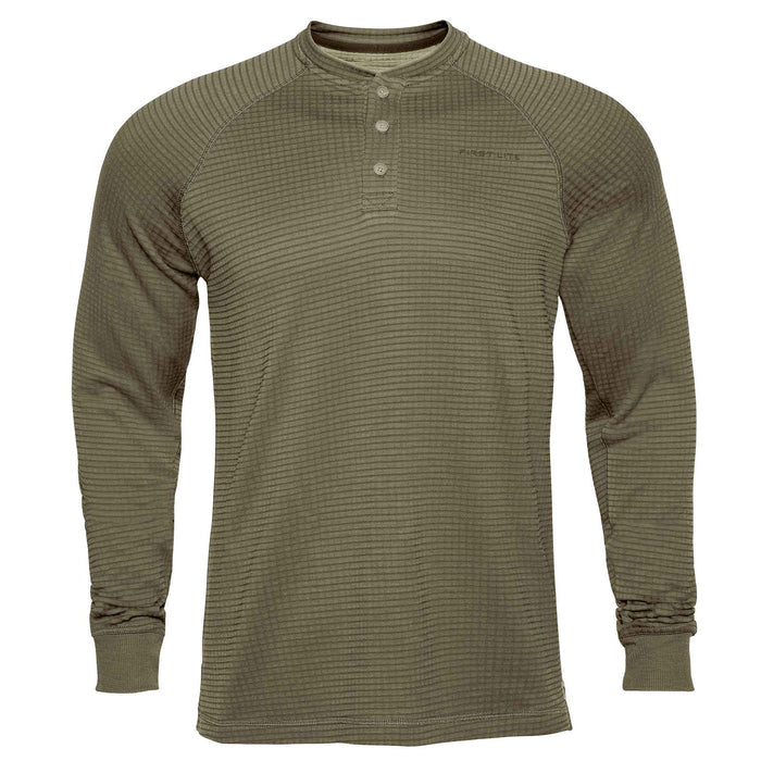 Olive green long-sleeve Henley shirt with a ribbed texture, 3 buttons at the placket, and a "FIRST LITE" logo on the chest.