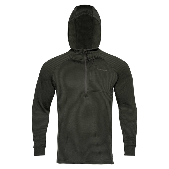 Dark green hooded long-sleeve quarter-zip shirt with a ribbed texture and small chest pocket.