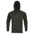 Dark green hooded long-sleeve quarter-zip shirt with a ribbed texture and small chest pocket.