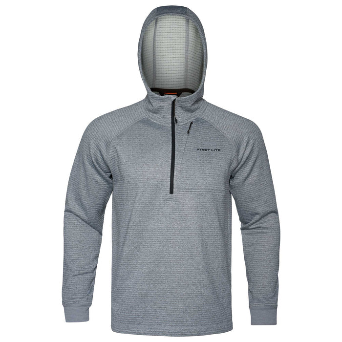 Grey textured quarter-zip hoodie with a black zipper, a small zippered chest pocket, and a "FIRST LITE" logo.