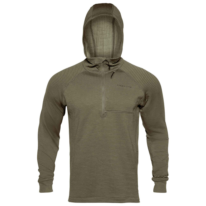 Dark olive green long-sleeve hooded shirt featuring a quarter-zip, textured thermal knit fabric, and a zippered chest pocket.