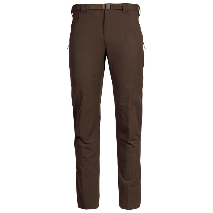 Dark brown textured pants with an integrated belt and zippered front pockets.