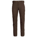 Dark brown textured pants with an integrated belt and zippered front pockets.