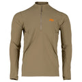 Tan long-sleeve quarter-zip pullover with an orange logo on the left chest, textured fabric, and underarm vents.