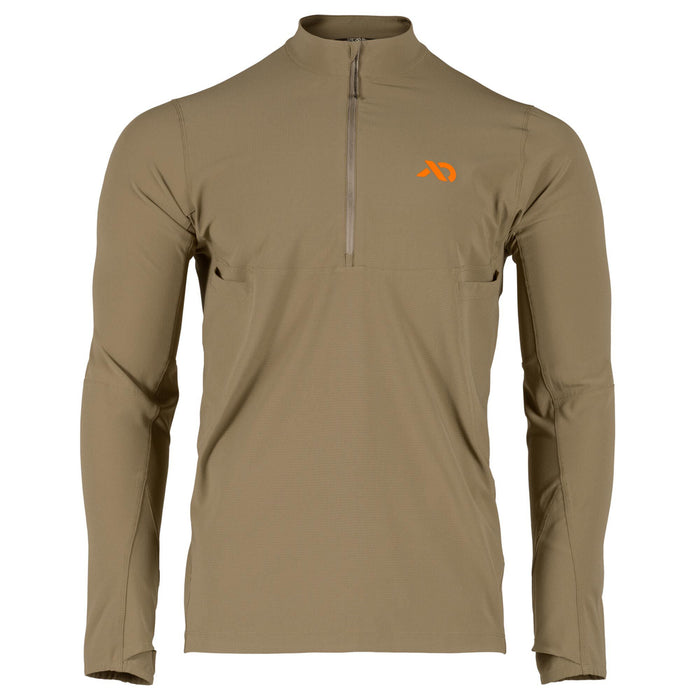 Tan long-sleeve quarter-zip pullover with an orange logo on the left chest, textured fabric, and underarm vents.