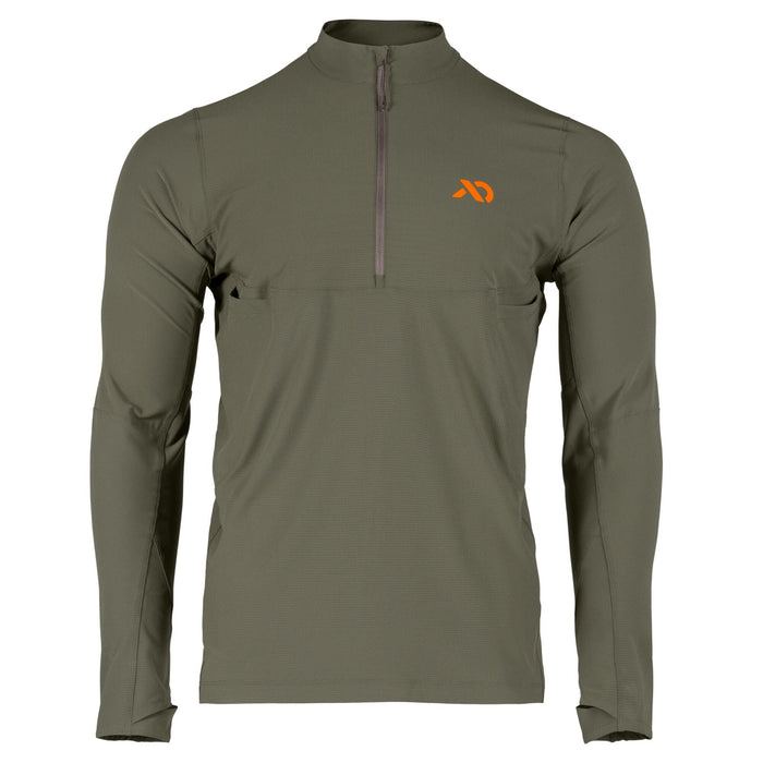 Olive green long-sleeve quarter-zip shirt with an orange logo, textured fabric, side pockets, and thumbholes.