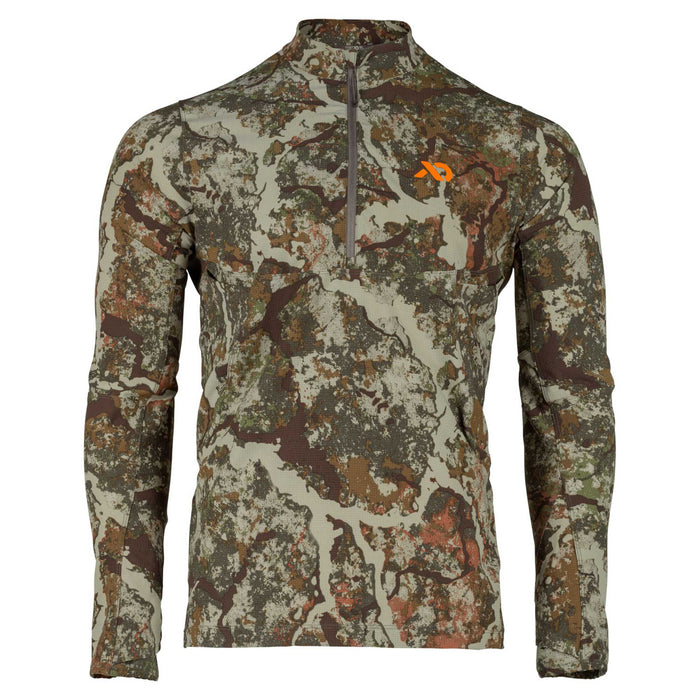 Long-sleeve quarter-zip shirt in multi-color camouflage with an orange chest logo.