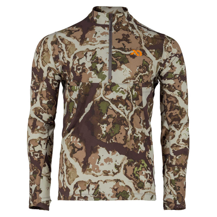 A long-sleeve quarter-zip top in a brown, green, and tan camouflage pattern, featuring a stand-up collar and an orange logo on the left chest.