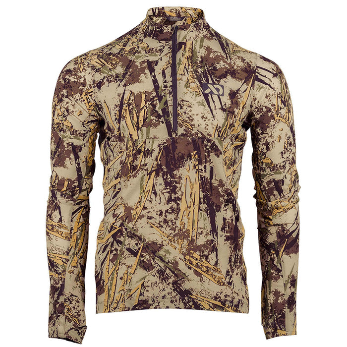 Earth-toned camouflage long-sleeve quarter-zip shirt with an First Lite logo on the left chest.
