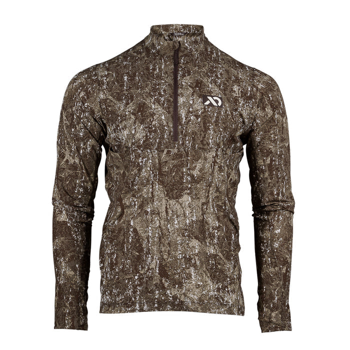 Brown and white camouflage quarter-zip long-sleeve shirt with a white logo on the left chest.