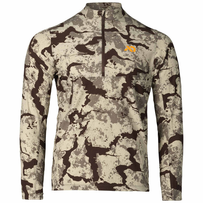 Tan and brown camouflage long-sleeve quarter-zip shirt with a stand-up collar and orange chest logo.