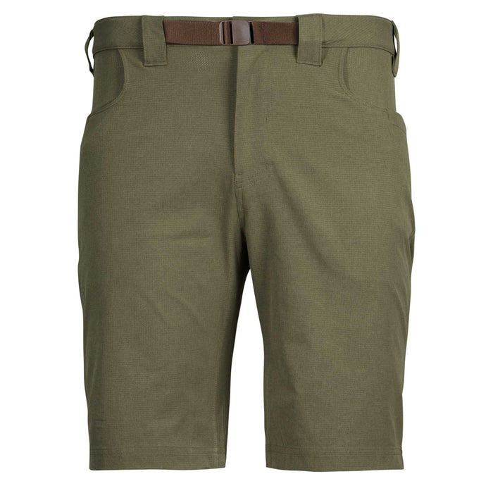 Olive green textured shorts with a brown web belt, plastic buckle, and front slash pockets.