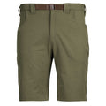 Olive green textured shorts with a brown web belt, plastic buckle, and front slash pockets.