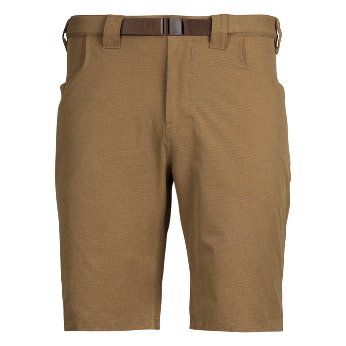 Tan shorts with a built-in brown web belt, front slash pockets, and a subtle textured fabric.