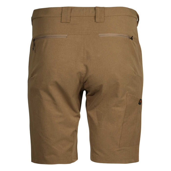 Tan shorts, rear view, with two zippered back pockets and a right cargo pocket featuring an orange logo tag.