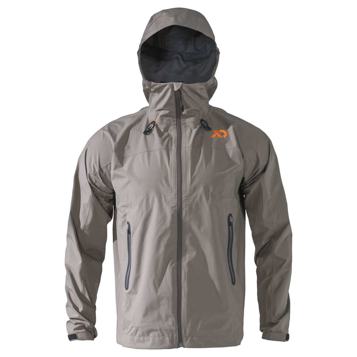 Walnut hooded full-zip jacket with an orange chest logo, two zippered hand pockets, and adjustable cuffs.