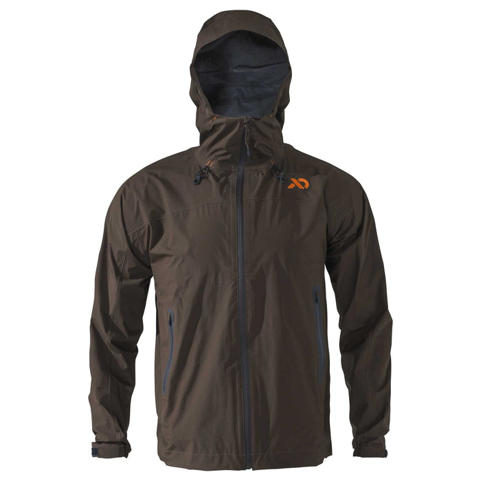 Dark brown hooded jacket with an orange chest logo, dark full-zip closure, and two zippered side pockets.