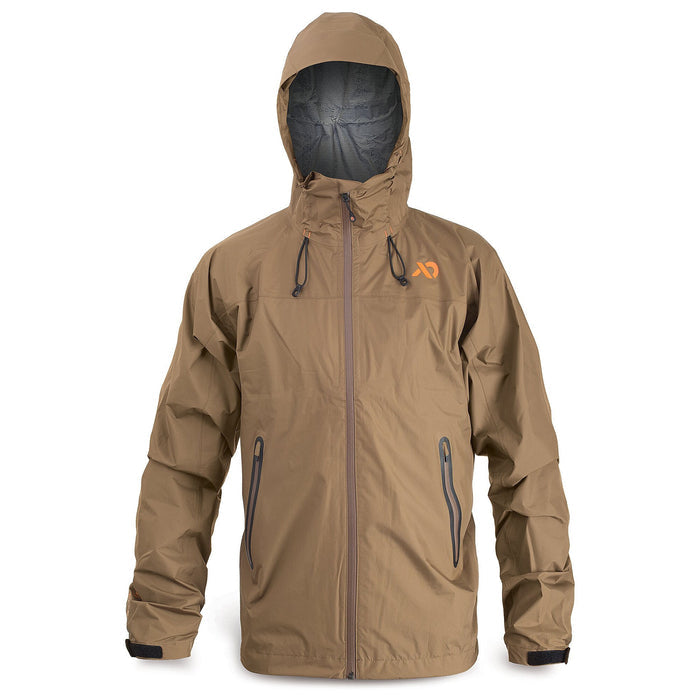 Tan hooded rain jacket with a full brown zipper, orange chest logo, two zippered hand pockets, and adjustable cuffs.