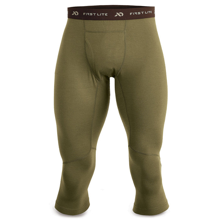 Men's olive green 3/4 length base layer pants with a dark brown "FIRST LITE" logo waistband and visible front fly.