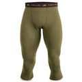 Men's olive green 3/4 length base layer pants with a dark brown "FIRST LITE" logo waistband and visible front fly.