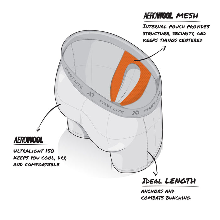 First Lite boxer briefs with an orange internal mesh pouch and visible branding on the waistband. Showing the areowuol mesh design for air flow and comfortability