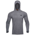 Grey long-sleeve hooded base layer shirt with thumbholes and a black logo on the left chest.