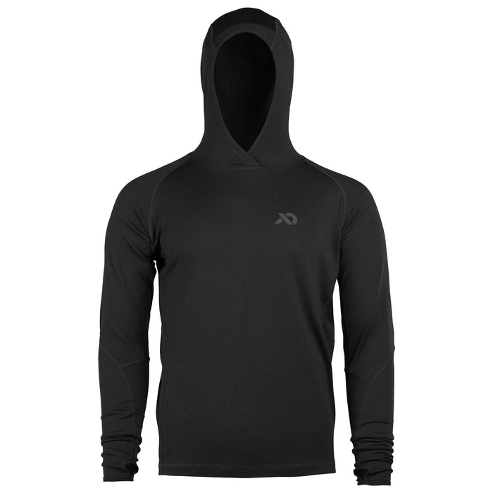 Black long-sleeve hooded shirt with thumbholes and a subtle chest logo.