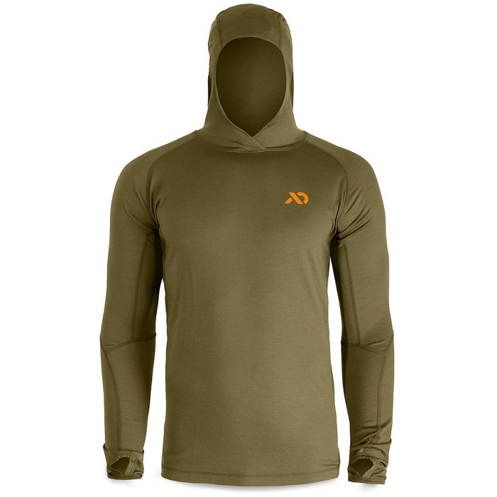 Olive green long-sleeve hooded shirt with an orange logo, integrated hood, and thumbholes at the cuffs.
