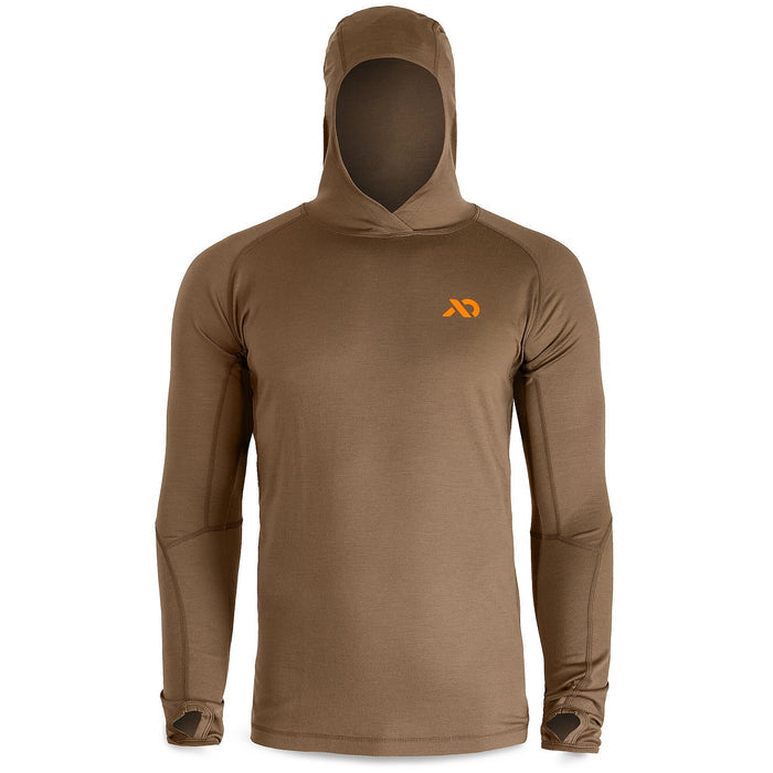 Brown long-sleeve hooded athletic shirt with an orange chest logo and thumb loops.