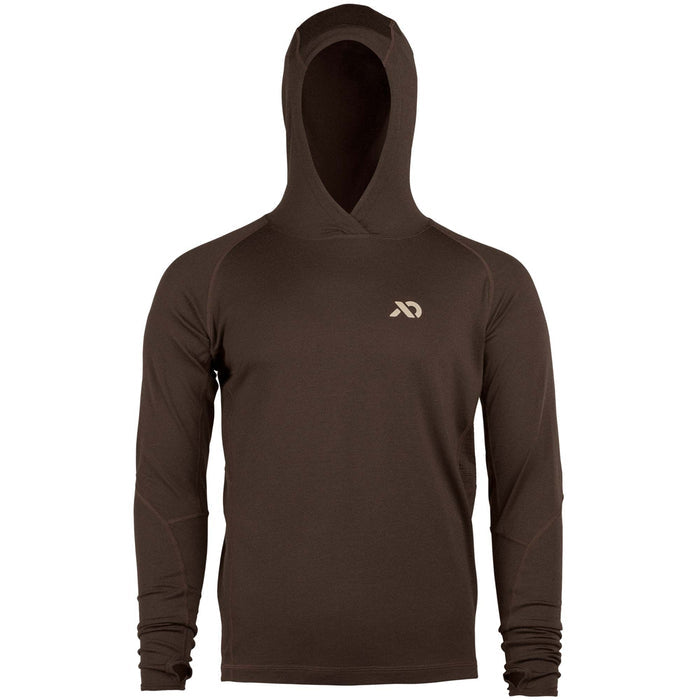 Dark brown long-sleeve hooded shirt with a tan chest logo and thumbholes.