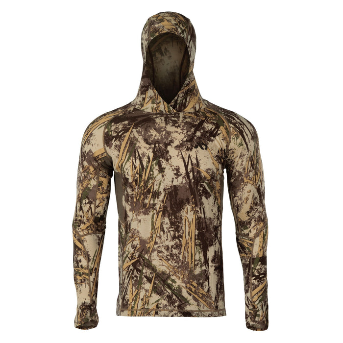 Men's long-sleeve hoodie in tan and brown reeds camouflage, with contrast side panels and thumbholes.