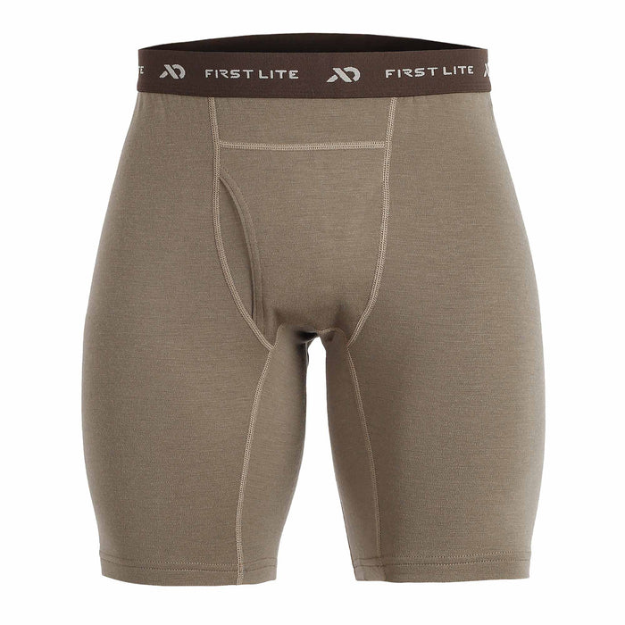 Light brown long boxer briefs with a brown FIRST LITE branded waistband and a front fly.