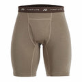 Light brown long boxer briefs with a brown FIRST LITE branded waistband and a front fly.
