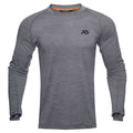 Gray long-sleeve athletic shirt with raglan sleeves, flatlock seams, thumbholes, and a black logo on the chest.
