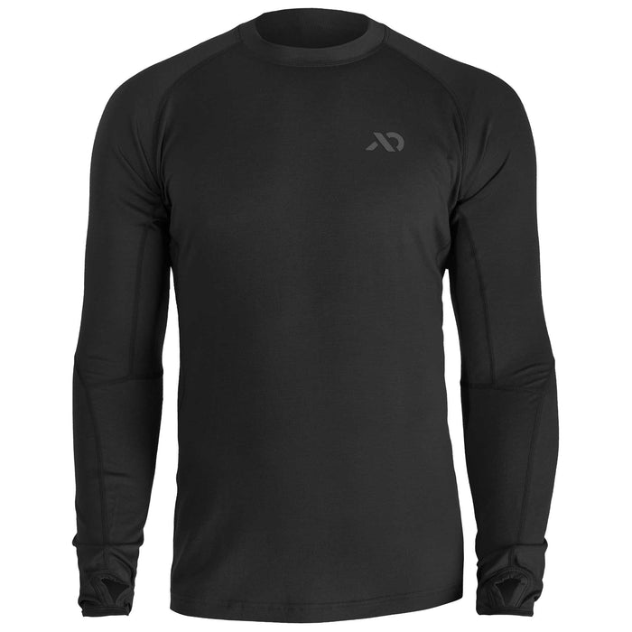 Black long-sleeve athletic shirt with a crew neck, raglan sleeves, a subtle dark gray chest logo, and thumbholes at the cuffs.