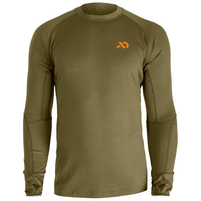 Olive green long-sleeve shirt with an orange logo on the chest, raglan sleeves, and thumbholes at the cuffs.