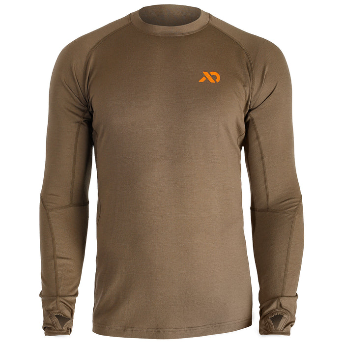 Dry earth long-sleeve base layer with an orange chest logo, raglan sleeves, and thumbholes on the cuffs.