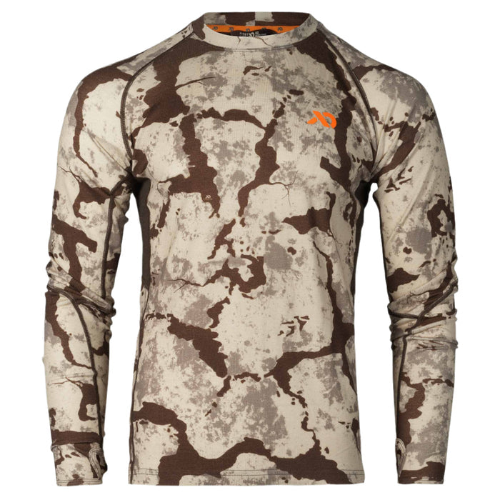 Long-sleeve shirt in a tan, brown, and grey camouflage pattern, featuring an orange chest logo and thumbholes.