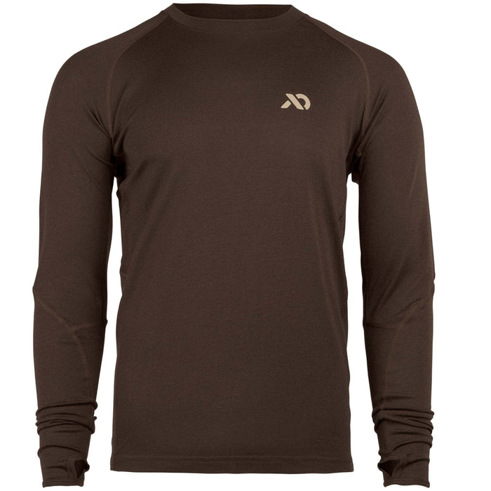 Dark brown long-sleeve shirt with raglan sleeves, a light brown logo on the left chest, and thumbholes on the cuffs.